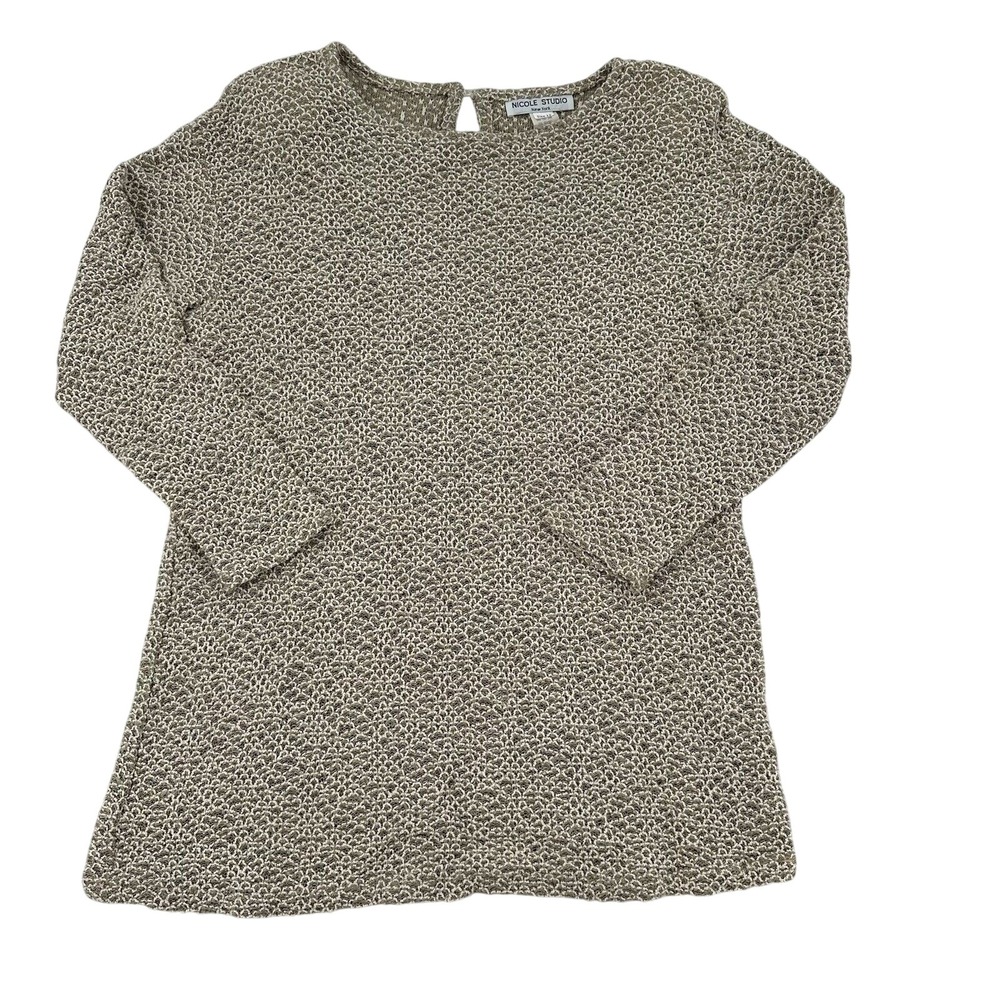 Nicole Studio New York Womens Knit Sweater Tan White Textured Keyhole Size 12